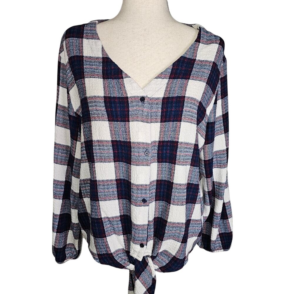 Como Vintage Plaid V-neck Button Up Knit Top with Tie XL